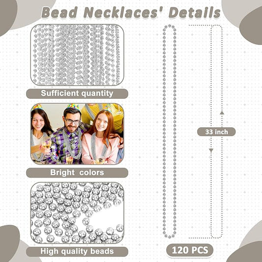 Mardi Gras Beads Necklaces, 120PCS Bead Necklace, 33 IN Mardi Gras Beads, Silver Party Beads, Parade Throws Bulk for Christmas Pirate Wedding Birthday Party Favors Supplies Decor