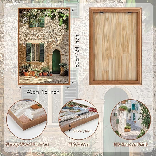 HLNIUC Vintage Italian Countryside Landscape Framed Wall Art,Mediterranean Italy Street Landscape Poster,Modern Europe Street Canvas Painting,Nature Scenery Art Print for Living Room Office-16 x24 x3