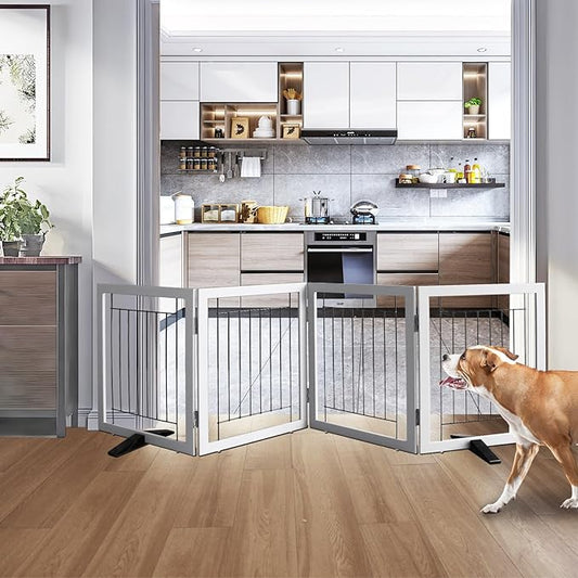 ZJSF Freestanding Dog Gate Indoor, Foldable Dog Fence for Doorways,Hallways or Stairs, Sturdy Wood Extra Wide Pet Gate with Support Feet,Grey,24 "Height-4 Panels
