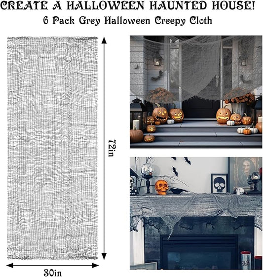Legigo 6 Pack Grey Halloween Creepy Cloths Cheesecloths, Spooky Black Mesh Fabric Cheese Cloths for Crafts, Scary Gauze Fabric for Party Supplies Home Wall Doorway Outdoor Yard Decor