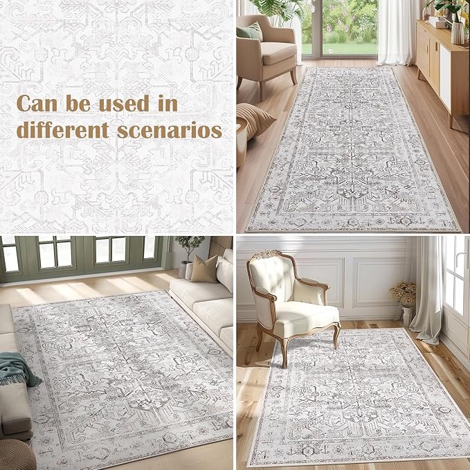 jinchan Kitchen Runner Rug 3x7 - Vintage Floral Machine Washable Non-Slip Hallway Runner Rug with Rubber Backing Ultra-Thin Carpet for Bedroom Laundry Room Farmhouse (3x7ft,Taupe)