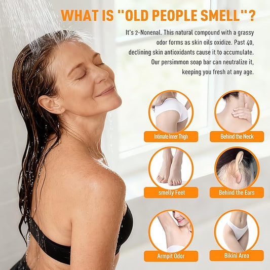 120G Round Persimmon Soap for Body Odor & Old People Smell Eliminator, Natural Purifying Deodorizing Soap for Women & Men, 2 Bars