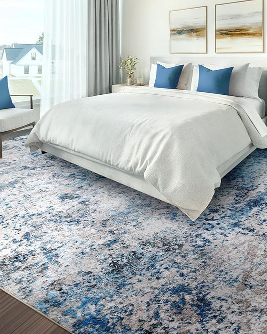 Area Rug for Living Room: 10x14 Washable Neutral Abstract Rug for Bedroom Modern Soft Dining Room Rug No Slip Low Pile Carpet for Nursery Home Office Decor - Grey/Blue