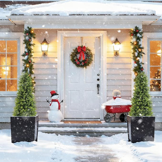 3ft Artificial Boxwood Topiary Trees, Set of 2 – UV Resistant Faux Evergreen Shrubs and Bushes for Outdoor Planters, Realistic Fake Plants for Front Porch Outside Patio Yard, 3 Foot Tall