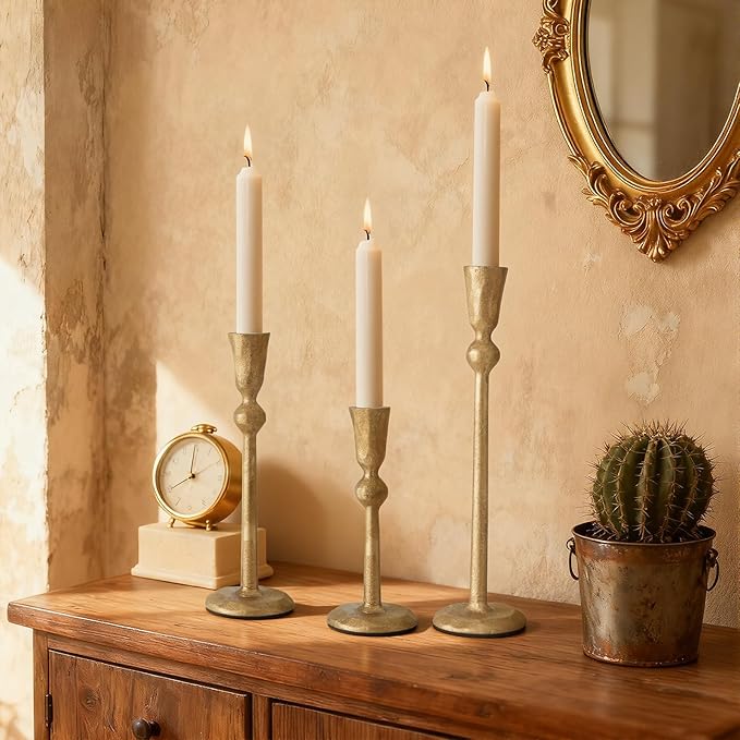 Set of 3 Antique Brass Taper Candle Holders Iron Candlestick Holder for Table Centerpieces Wedding Holiday Decor Vintage Decorative Candelabra Style Candle Stick Stand