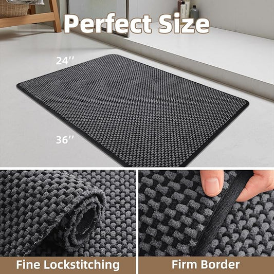 PADOOR-Bath Mat-Super Absorbent Chenille Bathroom Mats-Rubber Backed Bath Mats for Bathroom Non Slip, Easy Clean Bathroom Rugs Front of Bathtub,Shower Room,Sink-24×36, Darkgrey&Black