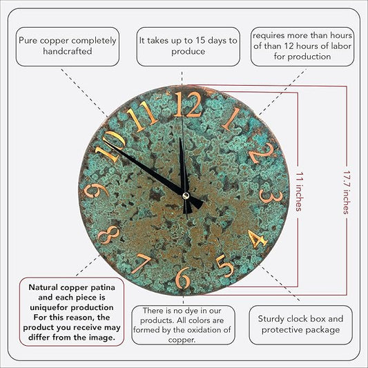 Handmade Pure Copper Wall Clock for Home Decoration, Decor Clock for Living Room, Bedroom and Kitchen, Rustic Decorative Mural Clock Art for Farmhouse (Numbers of Patina, 17.7)