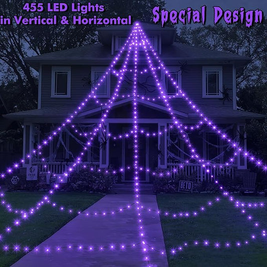 LED Spider Web Lights for Halloween Decorations Outdoor - 455 LEDs, 8 Lighting Modes, 16.4 Ft Light Up Giant Web (Purple)
