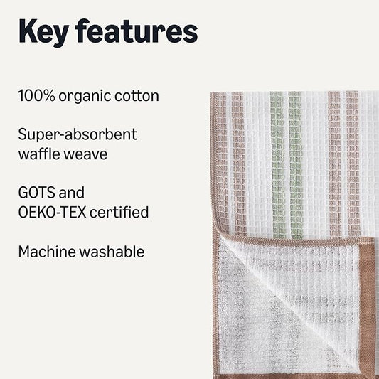 Amazon Basics Organic Cotton Waffle Kitchen Dish Towels - Ultra Absorbent, Quick Drying, Lint-Free, 15 x 25 inches, 6-Pack (2pc Olive Light/Brown Strip, 2pc Brown, 1pc Olive, 1pc White)