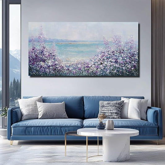 Flowers Framed Canvas Wall Decor Purple and White Painting Ocean Wall Art for Office Contemporary Art Poster for Bedroom Decor 24x48 Inch