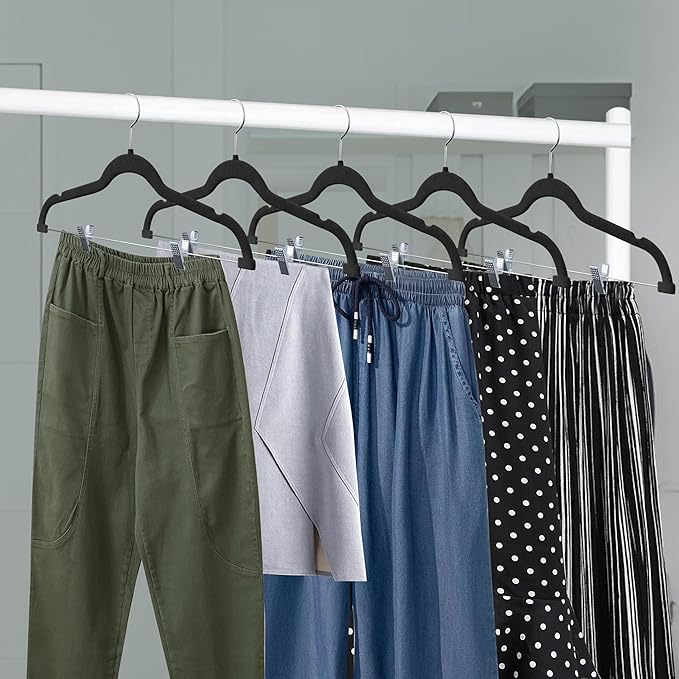 Velvet Skirt Hangers – with Adjustable Clips, 360 Degree Swivel Hook, and Non-Slip Shoulder Notch, Holds Up to 10 lbs, for Organizing Skirt, Pants, Dress, and Clothes, Pack of 30, Black