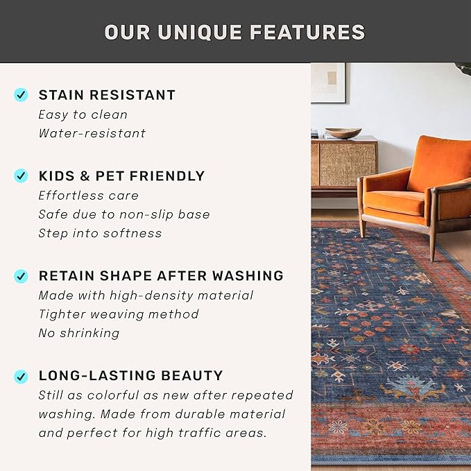 Washable 12 ft Long Runner for Kitchen Floor - Navy Blue Hallway Runner Rug, Pet Friendly Waterproof Non Slip with Rubber Backing, Stain Resistant Laundry Room Rug (3x12 Navy Blue & Terracotta)