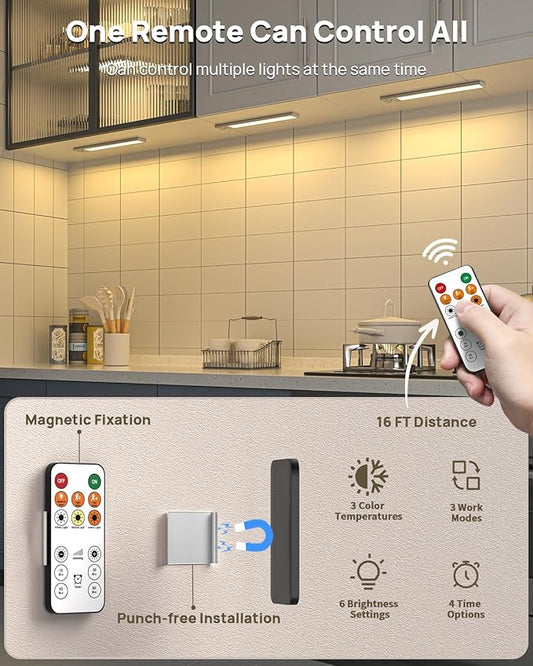 Under Cabinet Lighting with Remote Control,2500mAh USB Rechargeable Motion Sensor Light Indoor,350 Lumen LED Closet Light,3 Color Temps Wireless Under Counter Lights for Bedroom,Wardrobe,Stairs,6 Pack