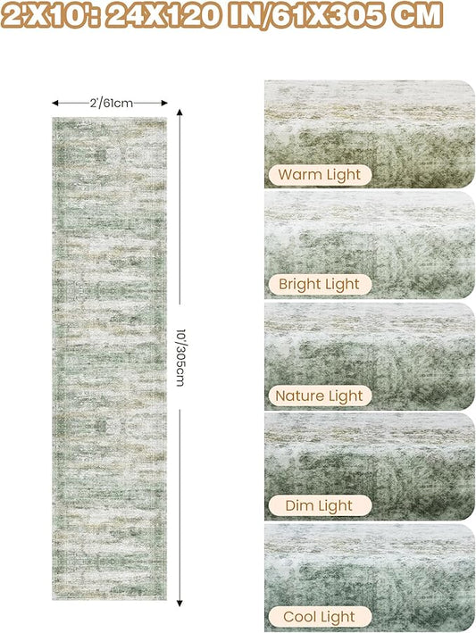 Long Rugs Runner - Washable Runner Rugs for Hallway 2x10, Ultra-Thin Soft Kitchen Carpet Runner, Anti Slip Backing Runner Rugs for Entrance, Bedroom, Living Room(2'x10', Green/Yellow/Ivory)