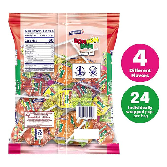 Colombina Bon Bon Bum Lollipops w/Bubble Gum Center, Assorted Flavors, Individually Wrapped, Ideal for Party Favors and Gifts, 1 Pack (24 Count)