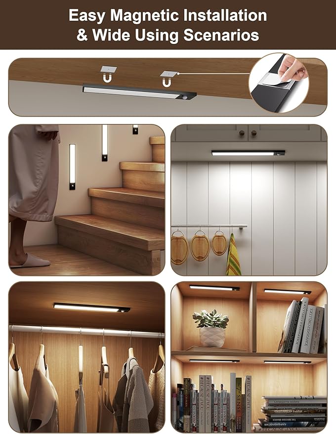 12inch Rechargeable Under Cabinet Lighting,56 LED -3 Color& 7 Levels Under Cabinet Lighting Wireless,3000mah Dimmable Magnetic Cabinet Lighting,Punch-Free Smart Sensor Magnetic Rechargeable led Lights