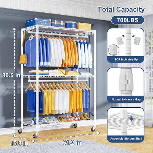 P8 Heavy Duty Clothes Rack(With Extended Width Design) Rolling Clothing Racks for Hanging Clothes,Portable Garment Rack with Lockable Wheels,51.2" W x 15.8" D x 80.5" H,Max Load 700LBS,White