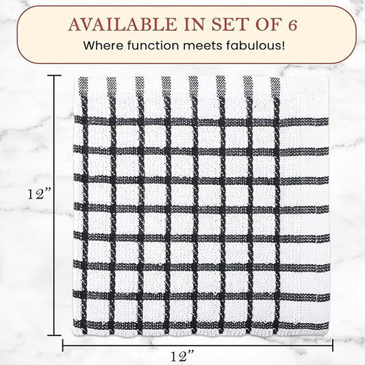 Vintage Vista 100% Cotton Dish Cloths (Pack of 6) - Dish Rags for Washing Dishes - Reusable & Highly Absorbent Kitchen Towels - Kitchen Rags for Christmas - (12" x 12" - Black Checkered)
