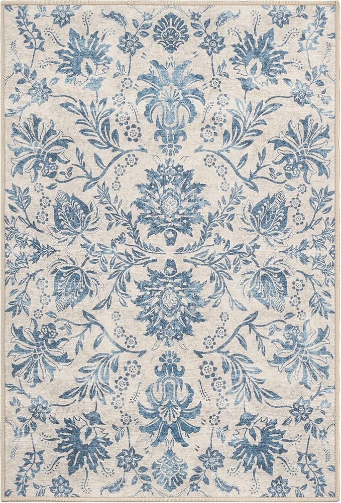 jinchan 3x5 Area Rugs for Entryway, Vintage-Inspired Floral Design Machine Washable Non-Slip Low-Pile Rug, Ultra-Thin Indoor Traditional Accent Carpet for Entrance Kitchen Bedroom Hallway, Dark Blue