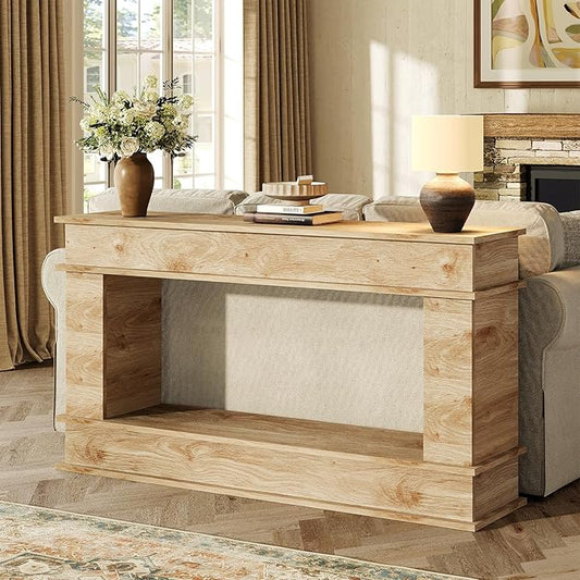 63 Inches Large Console Table, 2-Tier Entryway Table, Narrow Long Sofa Table Behind Couch, Bamboo-like Design, Heavy Duty Base, Farmhouse Wood Accent Decor for Living Room, Hallway, Foyer (Natural)
