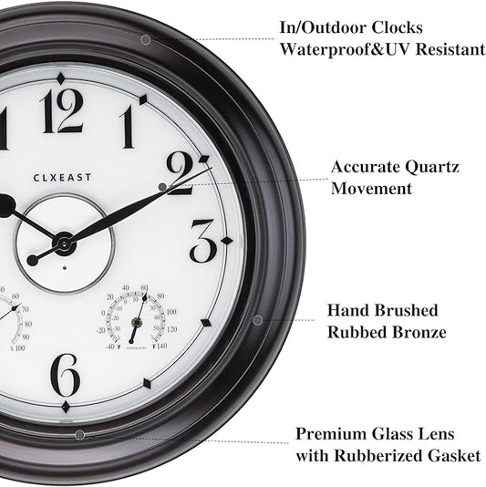 CLXEAST 24 Inch LED Self-Illuminated Outdoor Metal Clocks Waterproof, Large Lighted Outdoor Clock with Temperature and Humidity,House Warming Gifts New Home,Oil Rubbed Bronze Black