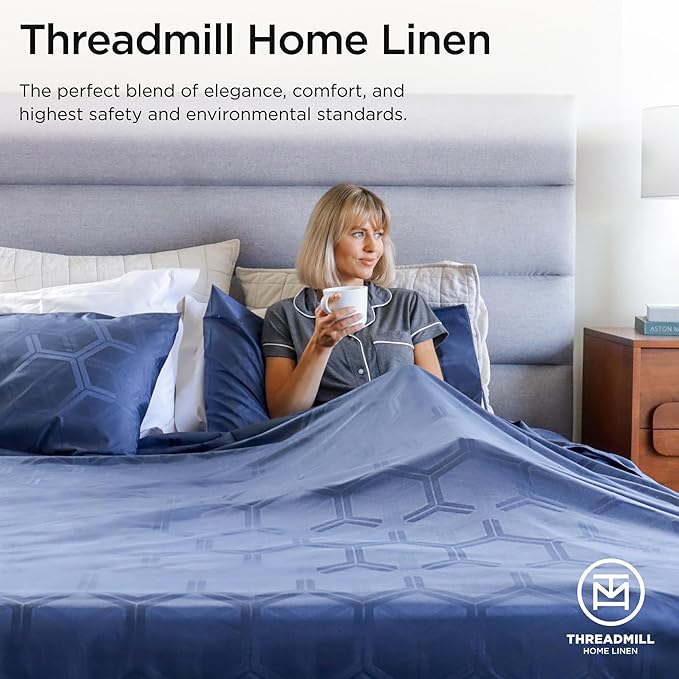 Threadmill 100% Cotton Sheets for Queen Size Bed - 600 Thread Count Queen Bed Sheets Set with 16” Deep Pocket - Jacquard Sateen Weave 4-Piece Bedding Set with Cooling Effect, Folkstone Blue
