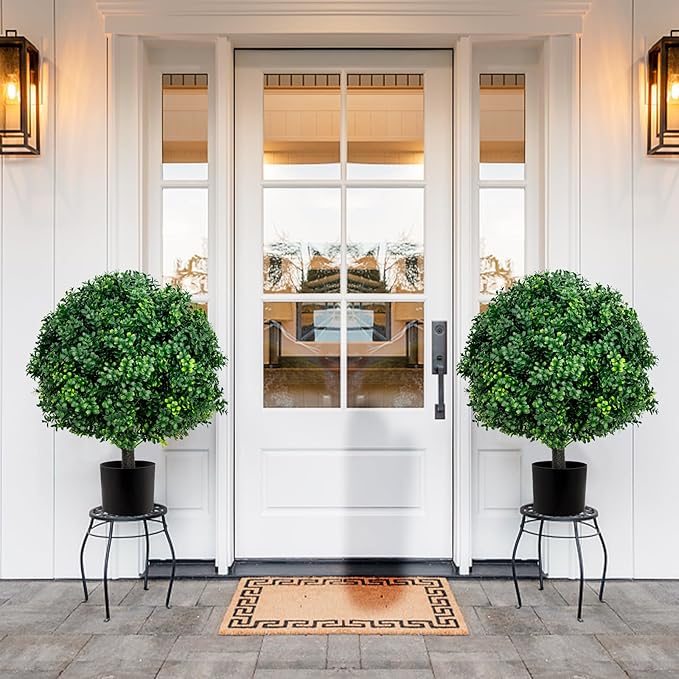 27.6''H Artificial Boxwood Ball Tree 2 Pack, UV Resistance Rated with Spike, Easy to Install, Fake Outdoor Plant for Front Door Decor, Home Decor, Garden, Wedding Decor