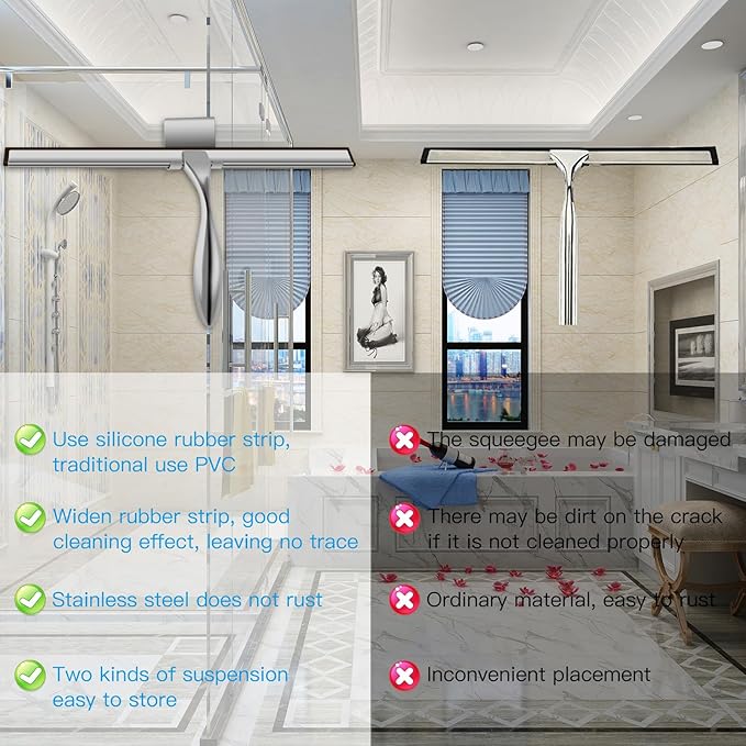 peafowl Shower Squeegee Stainless Steel Bath Squeegee for Shower Glass Doors Bathroom Windows Kitchen Mirror and Car Glass with Hooks Holder (12 inch, Brushed Silver)