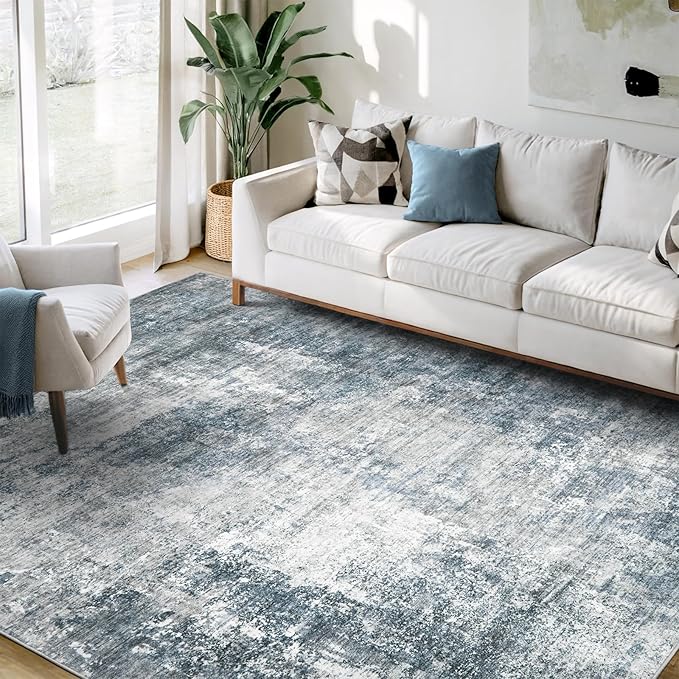 Modern Abstract Washable Area Rug - 5x7 Large Living Room Rugs Soft Stain Resistant Non-Slip Low Pile Foldable Neutral Carpet for Indoor Bedroom Dining Room Home Studio Office - Blue/Grey