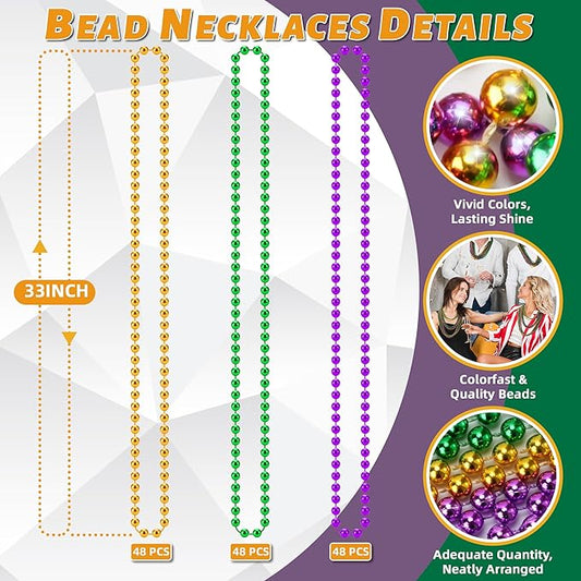144 PCS Mardi Gras Beads Necklaces, Gold Green Purple Metallic Bead Necklaces 33” Mardi Gras Beads Necklaces Accessories Bulk Party Beads Necklaces for Mardi Gras Party, Throw Beads Party Favors