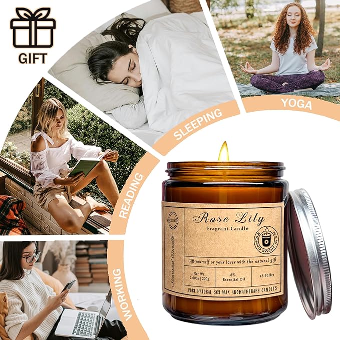 Scented Candles, 7oz Rose Lily Candles for Home Scented, Soy Wax Aromatherapy Candle for Relaxing and Stress Relief, Non Toxic, Slow Burning, Christmas, Birthday, Valentine Gifts for Women Men