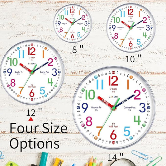 Wall Clock for Kids Learning to Tell Time Easily Non Ticking Battery Operated Kids Teaching Clock Silent Colorful Teaching Time Clock Decorative for Kids Room Classroom School (12 Inch)