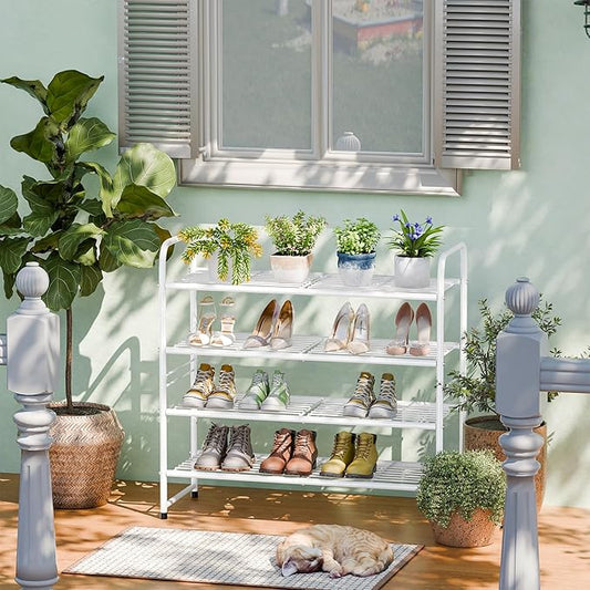 SUFAUY 33" Wide Shoe Rack, 4-Tier Shoe Storage Rack for 20-25 Pairs of Shoes, Shoe Organizer for Entryway, Stackable, Heavy Duty, Steel Frame, Industrial, White