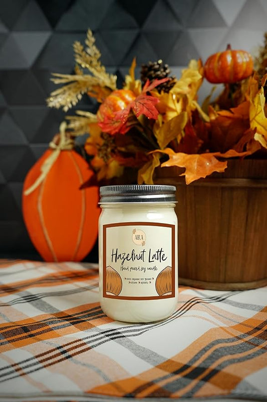 Aira Soy Candle – Hazelnut Latte – 12 oz Mason Jar – Hand-Poured USA – Long-Lasting Vegan Soy Wax Candle – Cozy Coffeehouse Aromatherapy – Paraffin-Free, Kosher, Cruelty-Free
