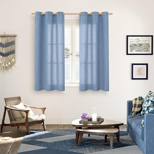 YoungsTex Blue Short Linen Curtains 45 Inches Length, Bronze Grommet Light Filtering Drapes for Bedroom Small Window Kitchen Privacy Decorative, 42 x 45 Inch, 2 Panels