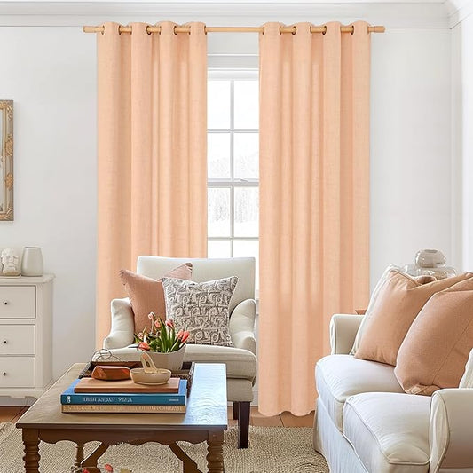 YoungsTex Peach Linen Curtains 80 Inches Long for Living Room, Coral Semi Sheer Drapes Textured with Bronze Grommet Light Filtering Spring for Dining Bedroom, 52 x 80 Inch, 2 Panels
