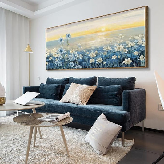 amatop Giant Framed Wall Art for Living Room Extra large Modern Coastal Beachy Canvas Wall Art Big Floral Sunrise Blue Wall Picture Oversized Lake Nature Sunset Artwork Office Bedroom Decor 71“x31”