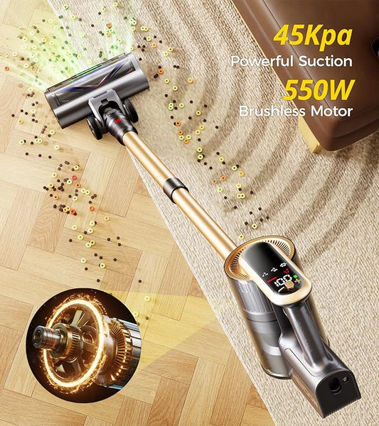 Cordless Vacuum Cleaner, 550W 45Kpa 65Mins Stick Vacuum, Self-Standing Vacuum Cleaners for Home with Wall Dock, LED Display, Anti-tangle Rechargeable Vacuum Cordless for Pet Hair/Carpet/Hard Floor