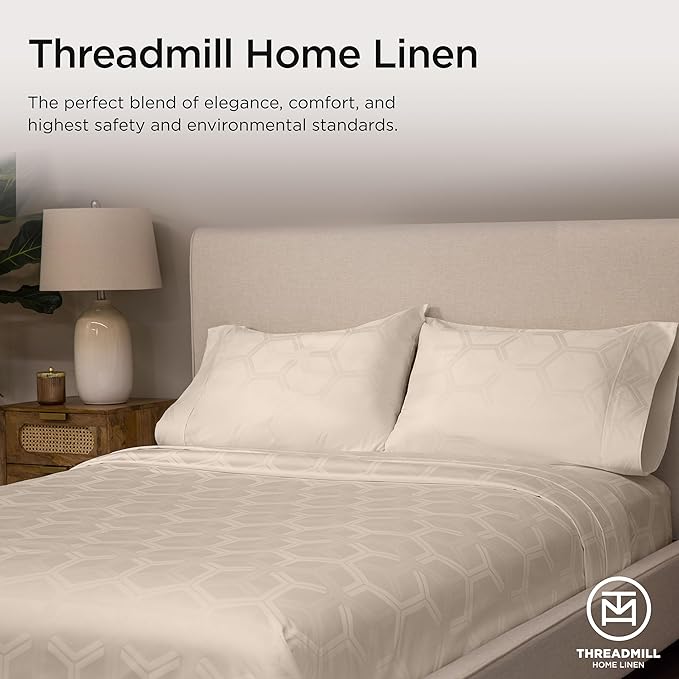 Threadmill 100% Cotton Sheets for Queen Size Bed - 600 Thread Count Queen Bed Sheets Set with 16” Deep Pocket - Jacquard Sateen Weave 4-Piece Bedding Set with Cooling Effect, Beige