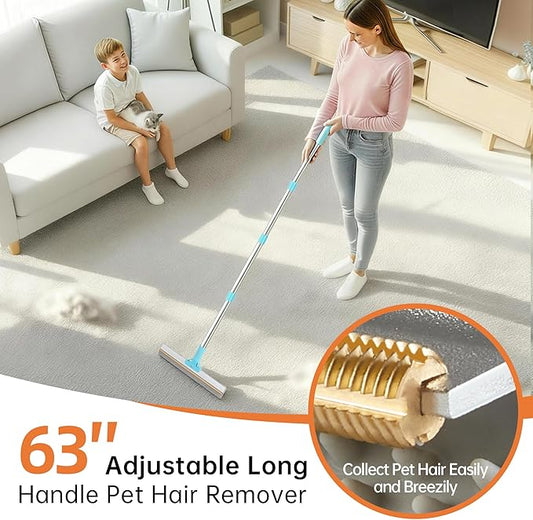 Carpet Rake for Pet Hair Removal Tool, 2 in 1 TPU and Copper Rake Teeth Uproot Clean Hair Remover with 63’’ Adjustable Long Handle, Reusable Cat & Dog Fur Broom for Carpets,Rugs, Mats