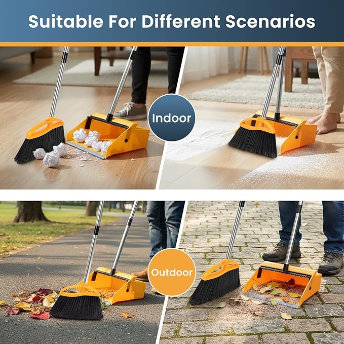 Commercial Broom and Dustpan Set,Long Handle Upright Heavy Duty Dust Pan Outdoor Indoor for Courtyards, Garages, Lobbies, Shopping Malls, Market Floors, Sidewalks, Classroom Floor Cleaning
