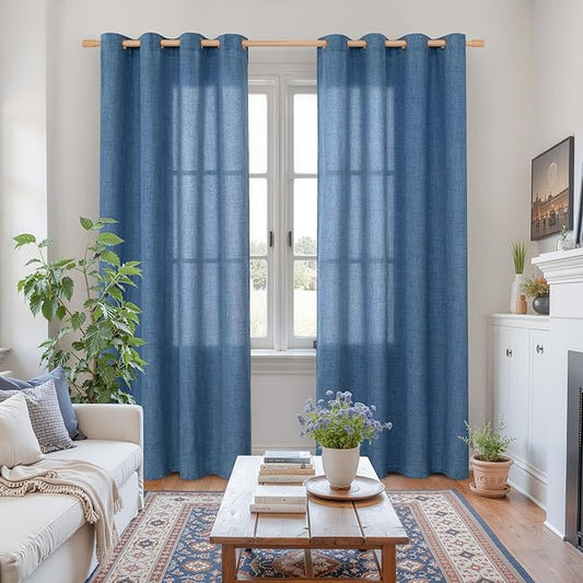 YoungsTex Navy Linen Curtains 84 Inch Length for Living Room, Dark Blue Semi Sheer Drapes Light Filtering with Bronze Grommet Privacy for Bedroom Decorative, 52 x 84 Inch, 2 Panels