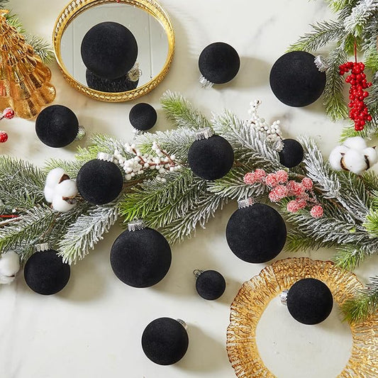 Velvet Christmas Ball Ornaments Set-46pcs Flocked Shatterproof Christmas Tree Decorations Plastic Xmas Decorative Hanging Ornaments for Xmas Holiday Home Decor,3 Sizes(Black)