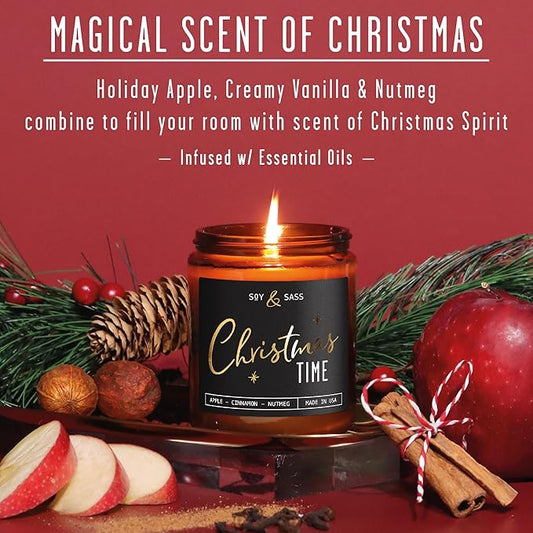 Christmas Candles Scented – ‘Christmas Time’ Soy Christmas Candle, w/Apple, Cinnamon, Clove - Infused with Essential Oils I Holiday Candles I 9oz, 50Hr, Made in USA