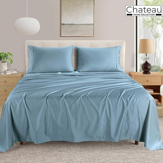 400 Thread Count Full Size Sheet Sets, 100% Egyptian Cotton Sateen Weave Deep Pocket Full Sheet & Pillowcase Sets Fits Upto 17", Soft Breathable Luxury Blue Bedding, Cotton Bed Sheets- French Blue