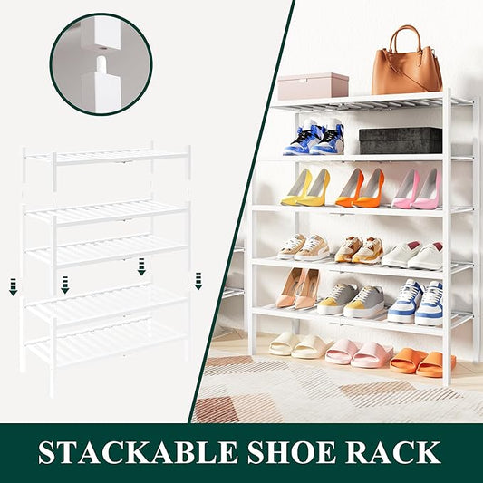Smiry Shoe Rack, 3 Tier Thick Small Bamboo Shoe Organizer, Stackable Free Standing Wooden Shoe Storage Shelf for Closet, Entryway, Front Door Entrance, White