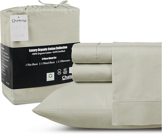 Deep Pocket Queen Sheets Set, Organic Cotton Sheets Queen Size Bed Set with Elasticated Fitted Sheet & Pillowcase Sets, Soft & Comfy 300 TC Sateen, No Pill & Shrink Luxury Bedding, Sage Green Sheet