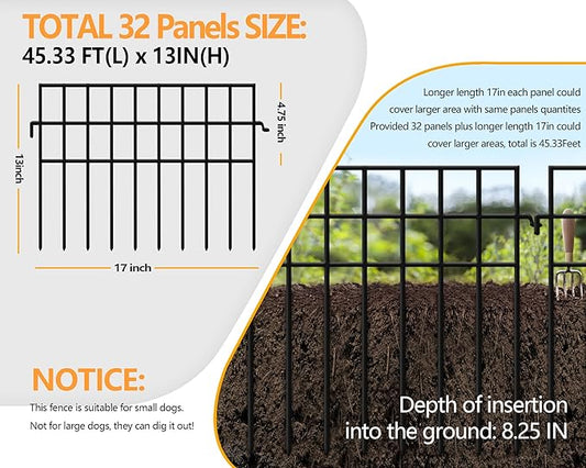 KYATE 32 Panels Animal Barrier Fence No Dig, 45.33ft(L) X 13in(H) Rabbit Fences Ground Defense Border Small Metal Fencing, Dog Under Barriers Blocker for Garden, Flower Bed, Patio