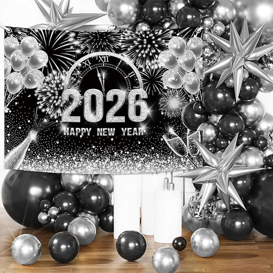 MEHOFOND 8x6ft Black and Silver 2026 Happy New Year Backdrop Hello 2026 New Year Eve Party Photography Background Champagne Balloon Fireworks Glitter Dots Cheers to 2026 Decor Banner Photo Booth Props