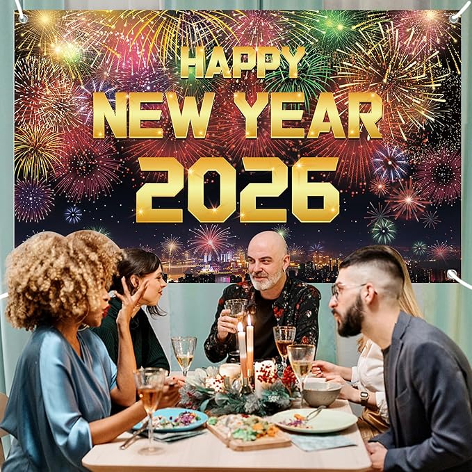 YQUQWN Happy New Year 2026 Banner New Years Eve Party Supplies Decorations 72 x 44 Inches with Pattern Firework for New Year Party Decoration Photo Props Background Supplies